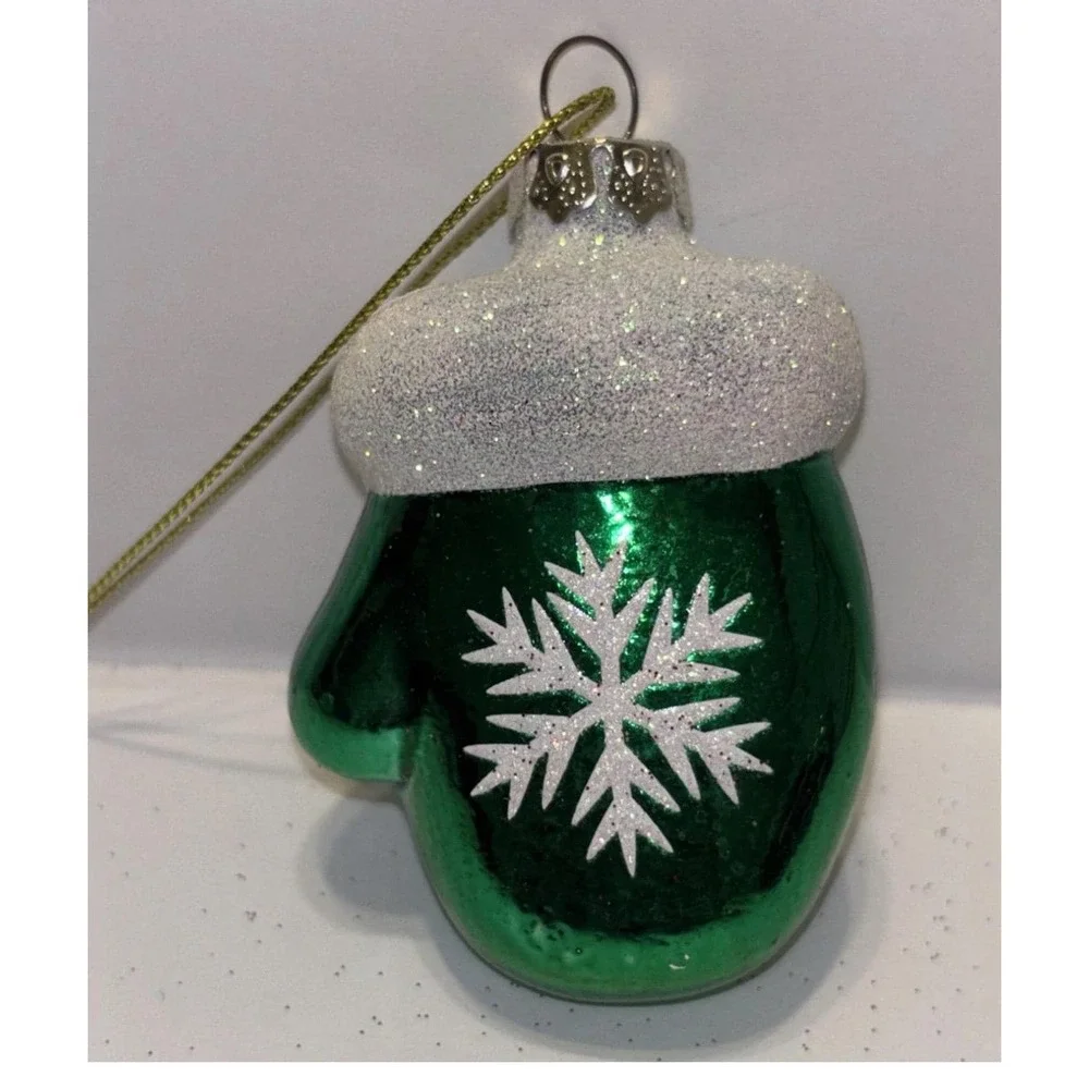 Vintage Blown Glass Green Glove Mitten Snowflake Glitter Christmas Ornament 3